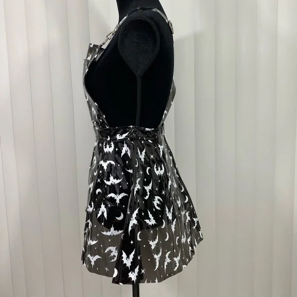 TRICKZ N TREATZ Bat My Lashes Print PVC Vinyl Mini Dress Bat Crescent Moon Black - Picture 10 of 14
